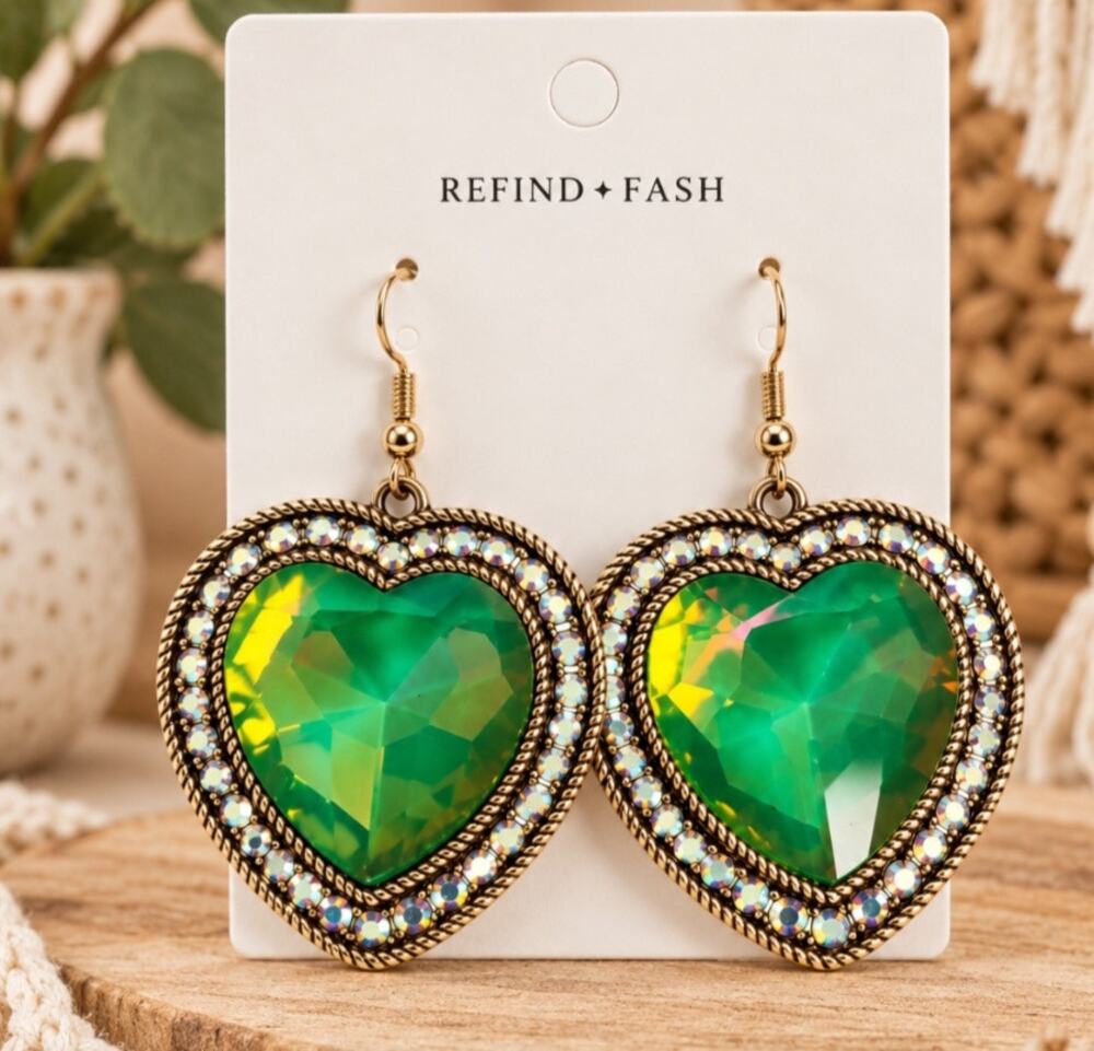 Bling Green AB Stone Heart Earrings New